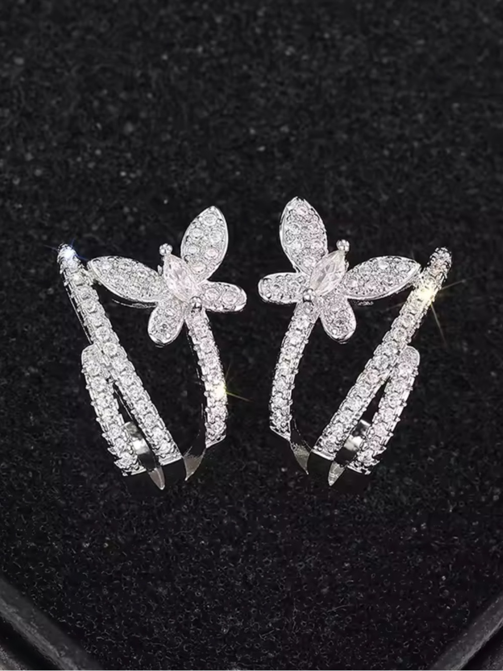 Sparkling Butterfly Ear Cuffs in Silver Tone with Clear Stones